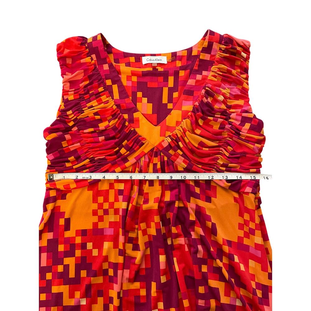 Calvin Klein Womens Large Sleeveless Top Side Zipper Orange Red Pink Geometric - Picture 6 of 7